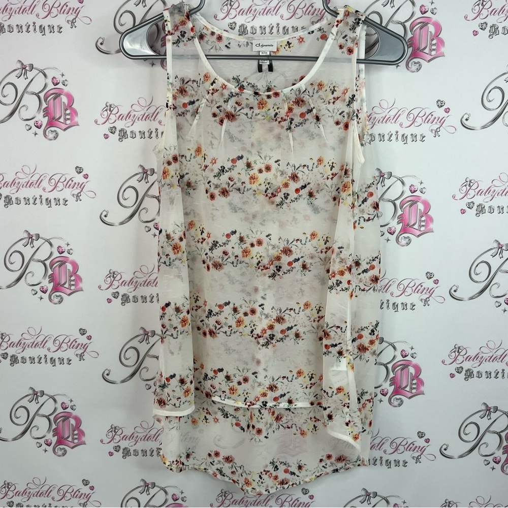 Dynamite tank top sheer flowers stripes pleated detail Floral Sheer Blouse